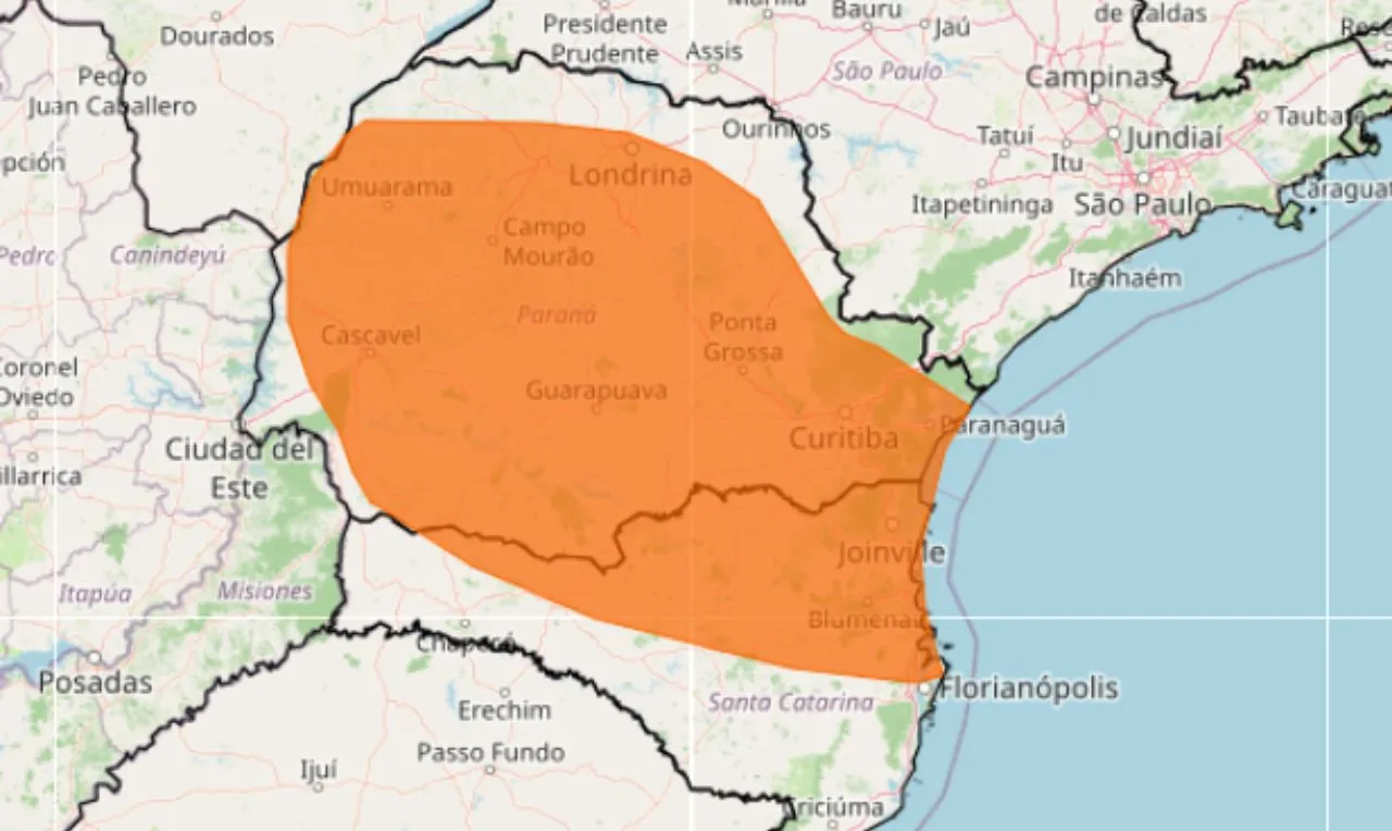 o mapa mostra as &aacute;reas em alerta para chuva intensa e ventos